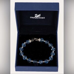 Signed Swarovski Bracelet Blue Multifacet Crystals Rhodium with Box